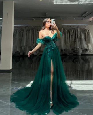 Emerald Green Wedding Dresses Off the Shoulder Side Split Sexy Bridal Gowns - Image 1 of 4