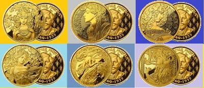 ALPHONSE Mucha 24K Gold Plated 6 oz 999 Silver 6 coins COMPLETE set  Proof w/COA - Image 1 of 4