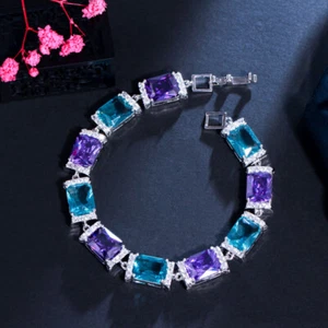 Silver Plated Purple Blue Cubic Zircon CZ Square Charms Link Bracelet for Brides - Picture 1 of 10