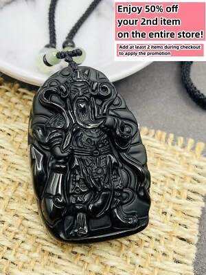 Jade Obsidian Guan Yu Charm Pendant Necklace Beads Cord Handmade Carved Gemstone - Image 1 of 4