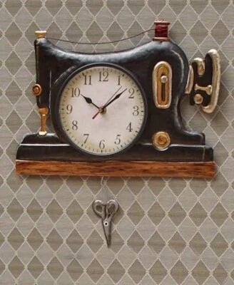 ATCS Pendulum Wall Clock Retro Sewing Machine Shaped Vintage Analog Time Piece Decor