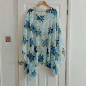 Oversized White Loose Sheer Blue Floral Rose Pattern Poncho Blouse Kaftan Top XL - Picture 1 of 24