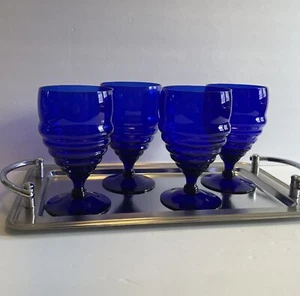 Vintage Art Deco Cobalt Blue Wine / Water Glasses Set Of 4 - Picture 1 of 4