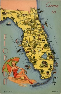 Florida Map, Woman, Beach, Umbrella Vintage FL Postcard - Picture 1 of 2