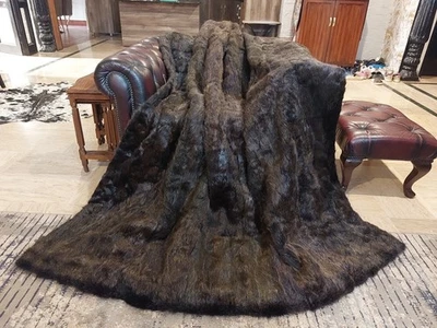 Genuine Real Natural Nutria Beaver Fur Blanket King Size throw 83"x72" Rug -6869 - Image 1 of 4