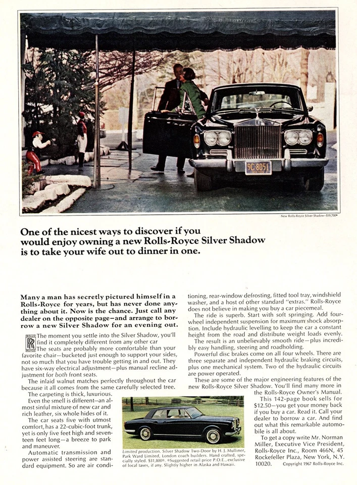 1967 年劳斯莱斯银影:带你的妻子出去吃饭复古印刷广告 — 第 1/1 张图片