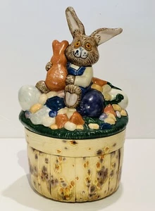 Vintage 10" Hand Painted Ceramic Bunny Basket Lidded Jar Bowl  - Picture 1 of 7