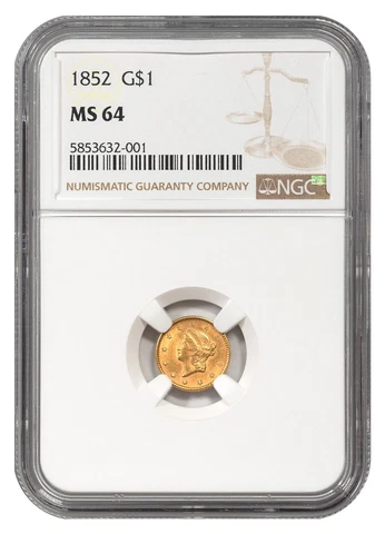 1852 Gold Type 1 Liberty Head $1 Coin NGC MS64 Cover
