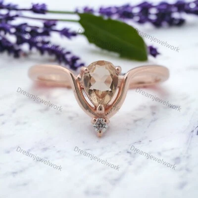 14k Solid Gold Pear Cut 7x5MM Pear Cut Natural Morganite Cubic Zirconia Ring - Image 1 of 4