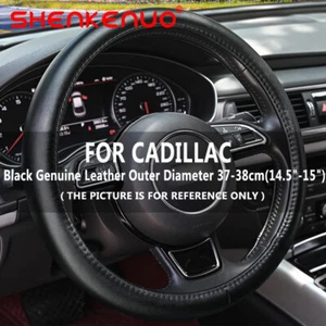 15" 38CM New Black Genuine Leather Car Steering Wheel Cover For CADILLAC - Picture 1 of 12