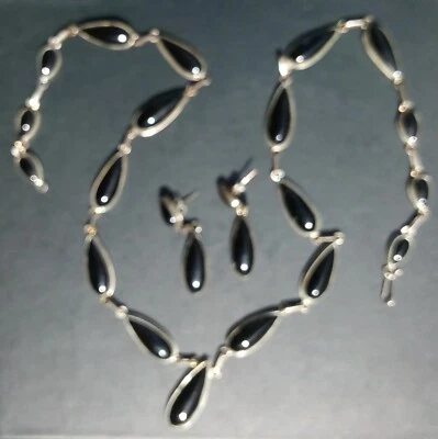 Set collana orecchini pietra onice Zuni Indiani Nativi argento sterling 925 - Immagine 1 di 4