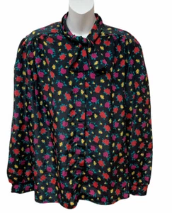 Vintage Polyester Retro Bright Floral Secretary Pussy Bow Blouse Top Fit L - Picture 1 of 8