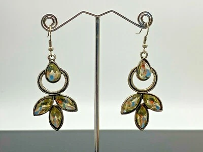 Vintage Earrings Dangle Drop Silver Tone Metal Clear Crystals  1980' - image 1 of 4