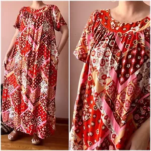 Vintage 60s Dress - Red Patchwork Maxi Dress - Hippie Boho Caftan Loungewear - Picture 1 of 10
