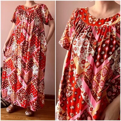 Vintage 60s Dress - Red Patchwork Maxi Dress - Hippie Boho Caftan Loungewear - Image 1 of 4