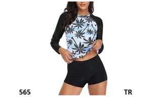 Daci Women Coconut Print Two Piece Rash Guard Long Sleeve Swimsuit UV UPF 50+, M - Picture 1 of 6