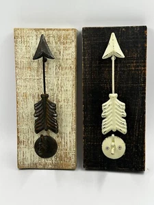 Wooden Arrow Sign Brown Rustic Coat Wood Plaque Hooks Hang Keys Wall Art Decor - Picture 1 of 9
