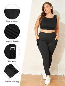PLUS SIZE Women Mesh Yoga Pants Pocket Gym Leggings Fitness Sports Trousers US - Picture 1 of 18