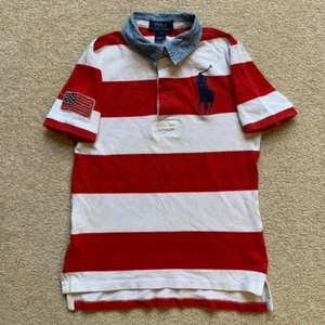 Kids Striped Polo Ralph Lauren Rugby Style American Flag Short Sleeve Polo Shirt - Picture 1 of 5