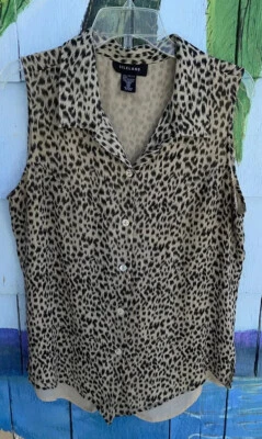 Silkland 100% 真丝衬衫无袖猎豹动物印花衬衫女式 1X 码 — 第 1/4 张图片