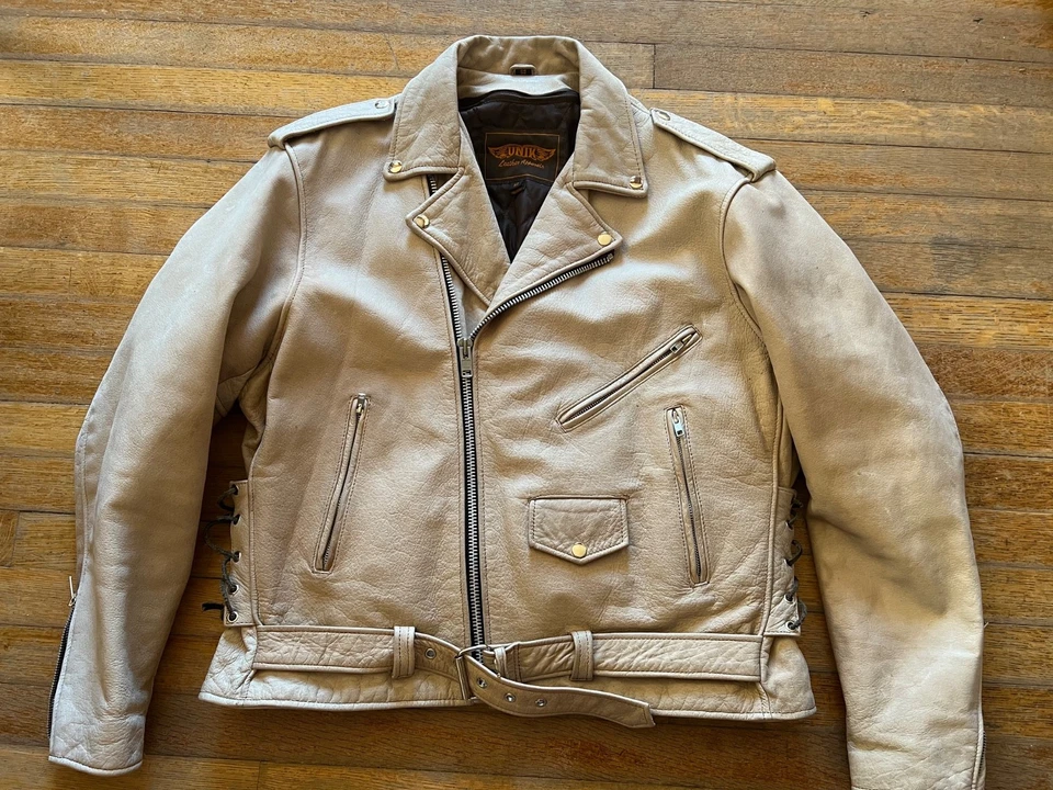 VTG Cream Leather Rockstar Motorcycle Jacket Unik Biker Size 52 WOW!!! - Image 1 of 4