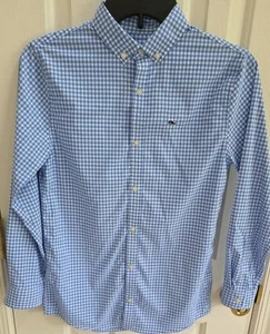 Vineyard Vines Whale Shirt Boys Medium 12-14 Button Blue White Plaid Check Used - Picture 1 of 7