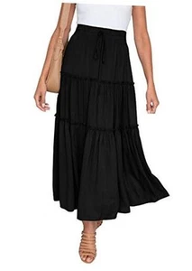 Women's Flowy Boho Maxi Skirt Elastic High Waist A Line Pleated Tiered Summer - Picture 1 of 6