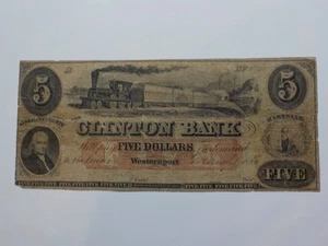 Currency Note 1860 5 Dollar Bill Clinton Bank Westernport Maryland Paper Money  - Picture 1 of 2