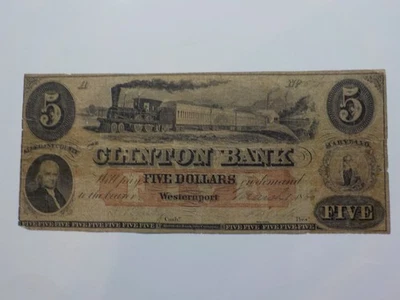 Currency Note 1860 5 Dollar Bill Clinton Bank Westernport Maryland Paper Money  - Image 1 of 2