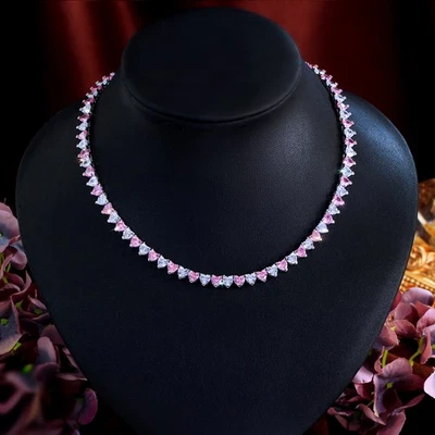 Charming Pink White CZ Heart Tennis Charm Wedding Choker Necklace for Brides - Image 1 of 4