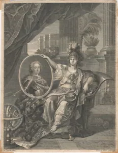 1744 Retrato Grabado Francés Estampado del Rey Luis XV y Minerva Después de Le Brun - Imagen 1 de 1