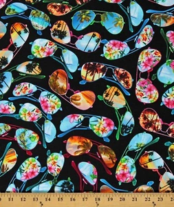Cotton Tropical Sunglasses Black Summer Vacation Fabric Print by Yard D685.62 - Picture 1 of 1