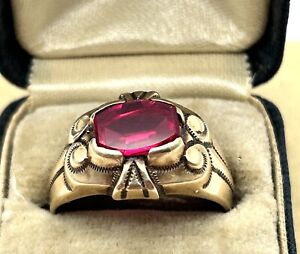 Antique Titanic 10K Gold OB Ostby Barton  Synthetic Ruby Red Faceted Stone Ring
