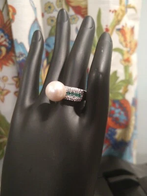 WHITE EDISON PEARL 11-12mm,EMERALDS/Camb.Zircon ring/ Rhod/SS,TCW=1.00, sz 7OR 8 - Image 1 of 4