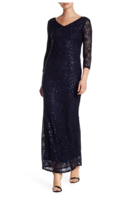 Marina Women's Size S Navy Blue Lace Sequin Long Sleeve A-Line Maxi Dress Gown - Image 1 of 4