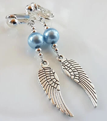 OHRCLIPS  CLIPS VERSILBERT BLAUE PERLEN ENGELSFLÜGEL - Bild 1 von 2