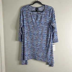 Top para mujer Clara Sun Woo grande azul blanco geométrico manga 3/4 carrera nuevo con etiquetas EE. UU. - Imagen 1 de 11