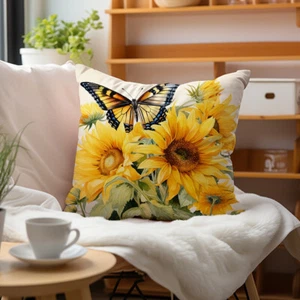 Vibrant Sunflower Butterfly Design Polyester Throw Pillow Cover Sofa Decoration - Picture 1 of 10