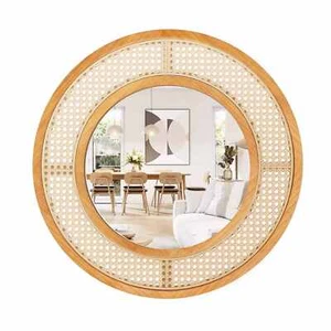 Giantex 65cm Rattan Round Wall Mirror Wooden Framed Decorative Mirror Natural - Picture 1 of 8