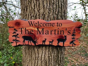 Custom Outside Family Sign Carved Wood Hanging Rustic Plaque Deer Nature Scene - Picture 1 of 10