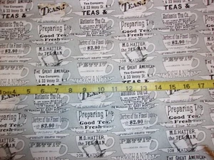 Tea Cup Saucer & Words Allover Cotton Fabric Hatters Tea Party Gray BHTY - Picture 1 of 1