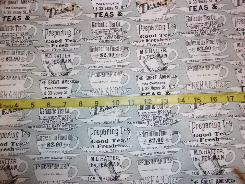Tea Cup Saucer & Words Allover Cotton Fabric Hatters Tea Party Gray BHTY - Image 1 of 1