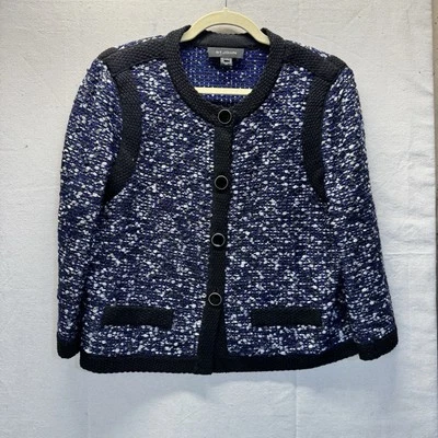 Chaqueta St. John Azul Marino Plateada Negra Lurex Bouclette Tweed Manga Larga 4 Botones 12 Foto 1 de 4