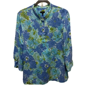 Talbots Top Tunika Damen blau Blumen Perlen 3/4 Arm Mandarinkragen groß - Bild 1 von 8