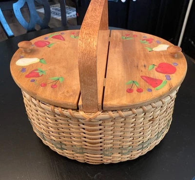 Cesta de picnic vintage mimbre ratán madera doble bisagra tapa manzanas fruta GRANDE Foto 1 de 4