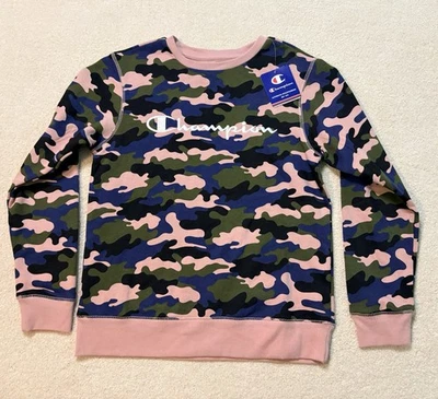Champion Camo Desert Stone 圆领运动衫女式 L 全新带标签蓝色绿色黑色 — 第 1/4 张图片