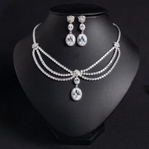 18k White Gold Plated CZ Crystal Bridal Wedding Necklace Earring - Picture 1 of 2