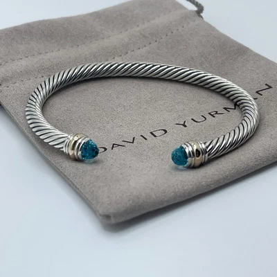 Brazalete David Yurman 5mm Cable Plata Esterlina Topacio Azul y Oro Amarillo 14K Foto 1 de 4