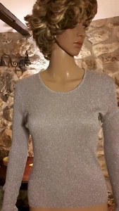 1970s SKINNY silver Lurex Long Sleeve Jumper size 12 - Picture 1 of 6