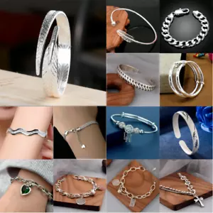 Womens 925 Sterling Silver Bangle Bracelet Love Heart Charm Lady Jewellery Gifts - Picture 1 of 19